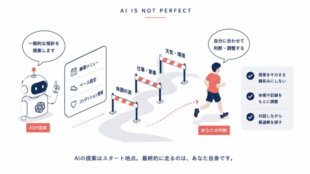 AIの提案は出発点で、体調や仕事、天気などをふまえて最終的には自分で判断・調整するという流れ