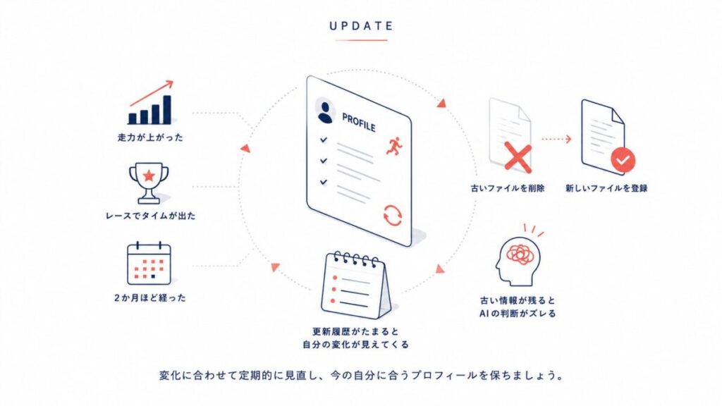 プロフィールを作り直すタイミングと手順。走力が上がった・レースでタイムが出た・2か月ほど経ったときに、古いファイルを削除してから新しいファイルを登録する