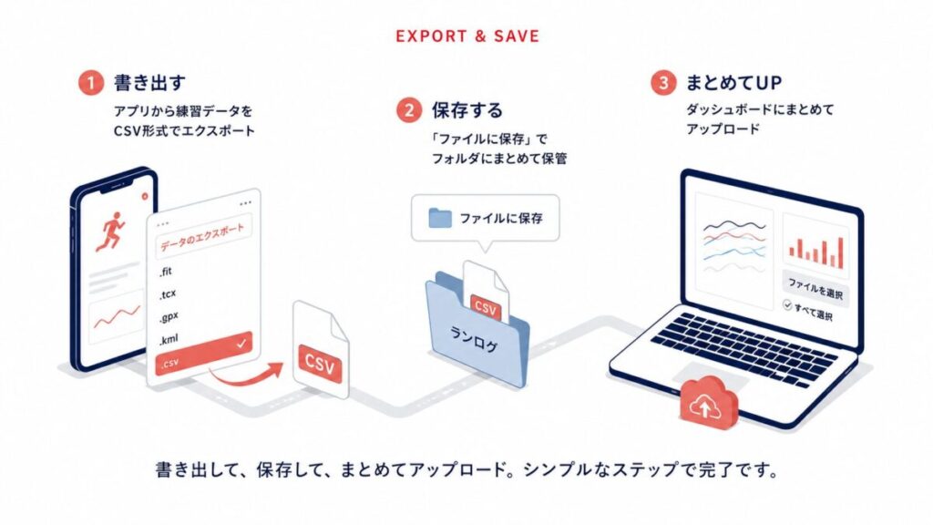 書き出し・保存・まとめてアップロードの3ステップを示した図解