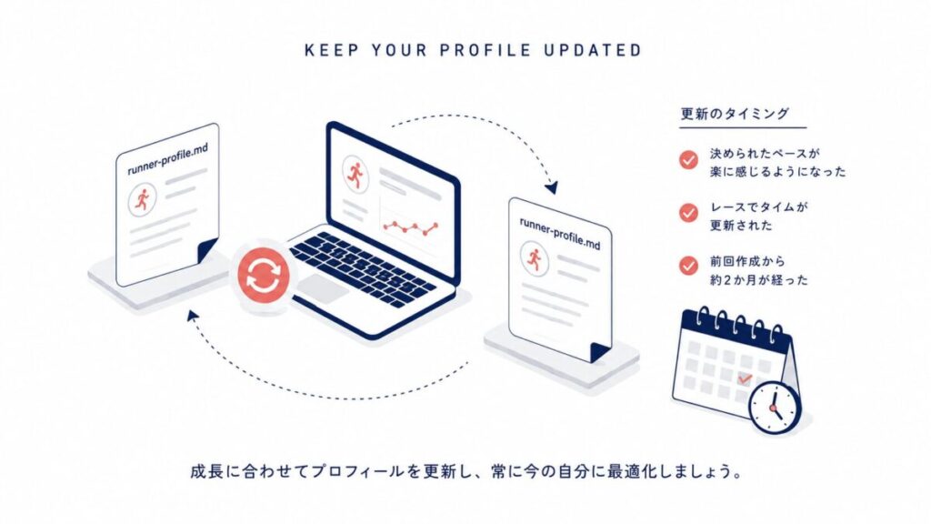 プロフィールを更新するタイミングの図解。ペースが楽になった・レースでタイムが更新された・前回から約2か月経った