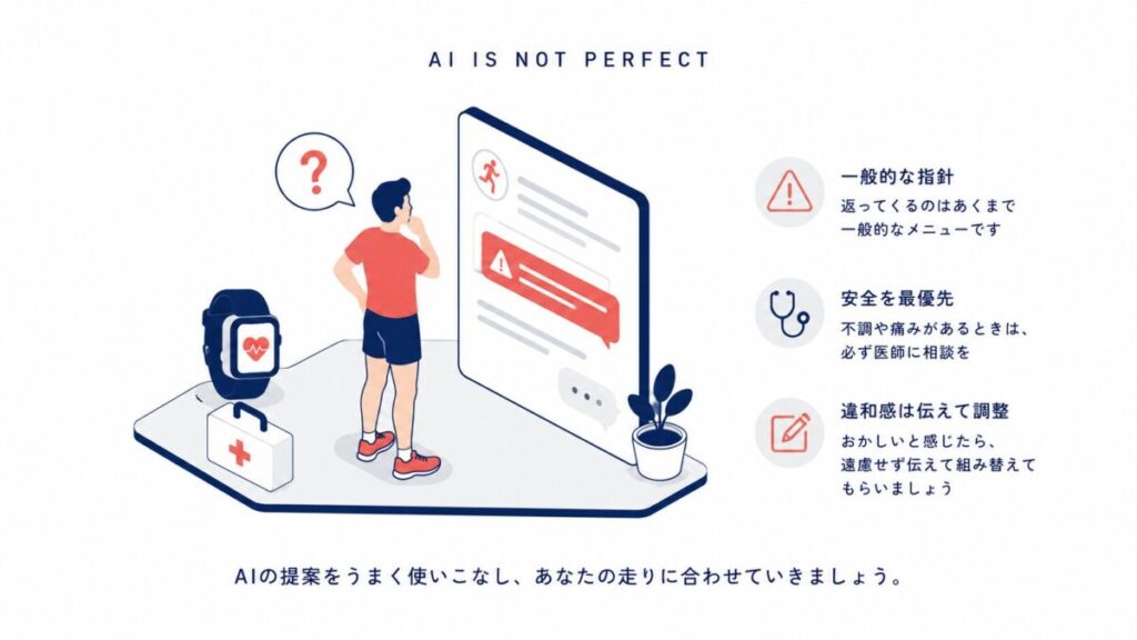 AIの提案は一般的な指針であり、不調時は医師に相談し、違和感は伝えて調整するという図解