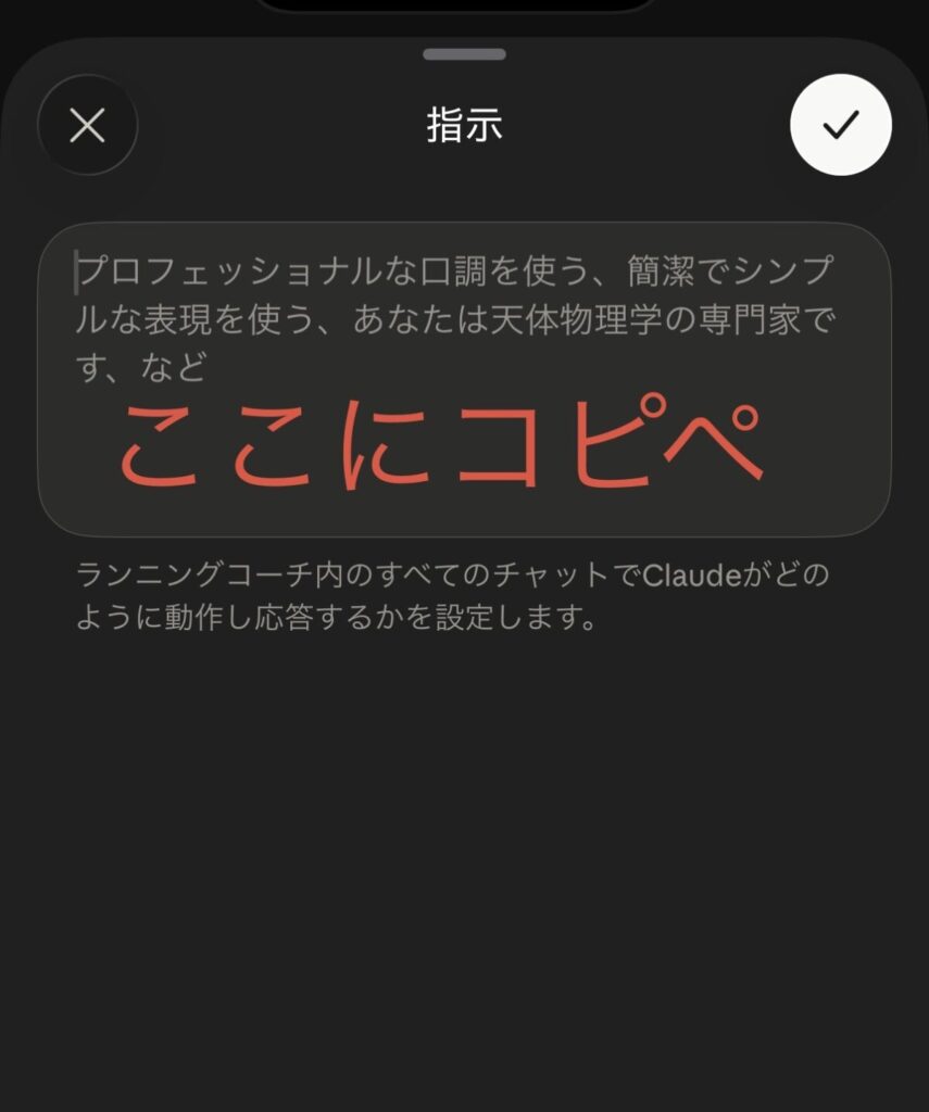 「指示」の入力欄。ここにプロジェクト指示のテンプレートを貼り付ける