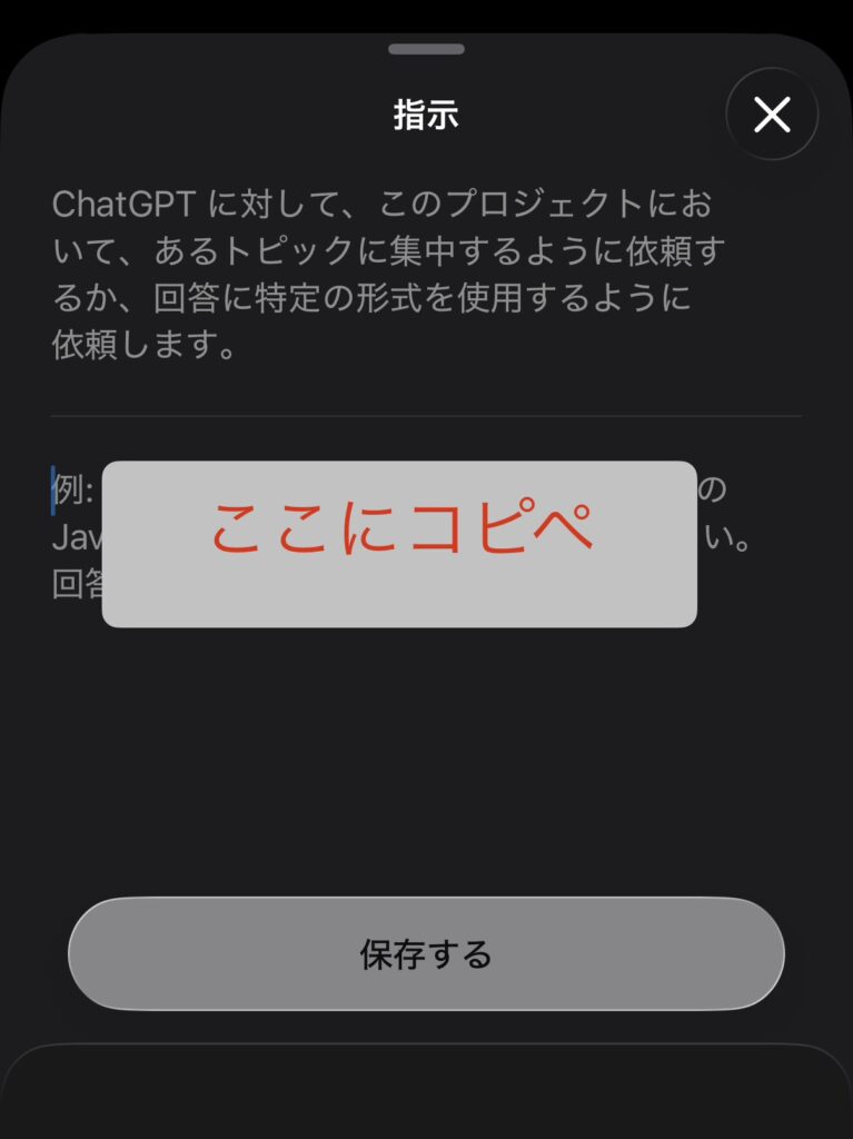 「指示」の入力欄。ここにプロジェクト指示を貼り付ける