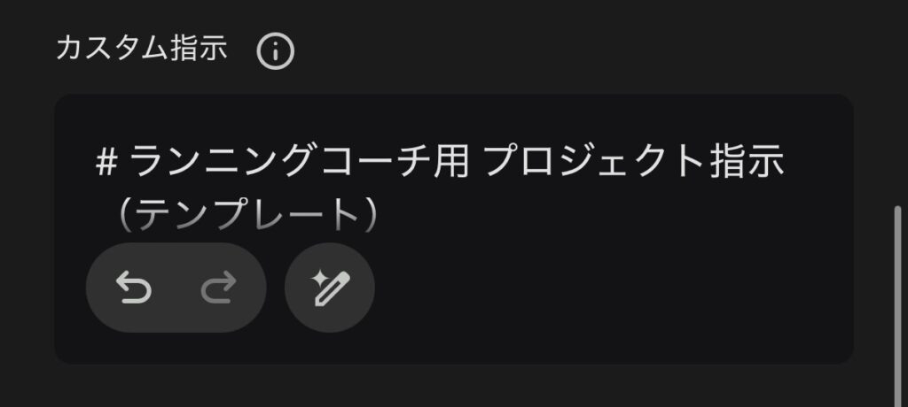 カスタム指示の欄にプロジェクト指示を貼り付けた状態